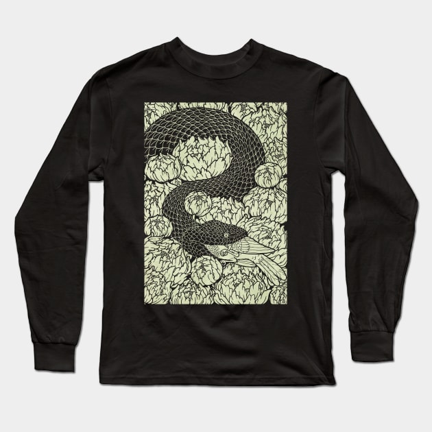 Serpent, Bird, and Peonies Long Sleeve T-Shirt by DukeCoffeeArt